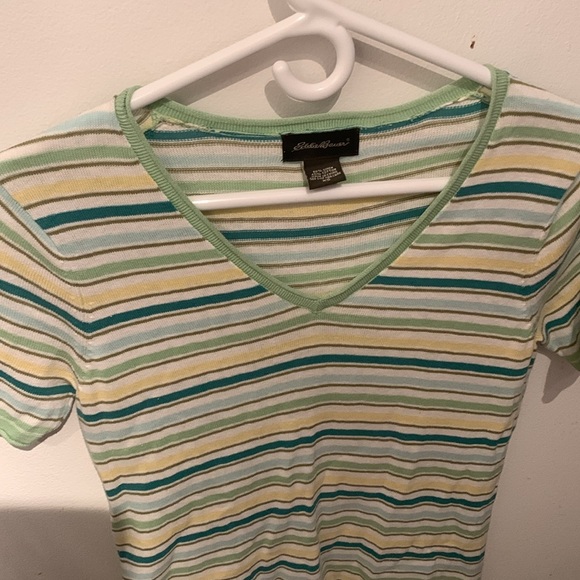 Elegant Eddie Bauer Linen Cotton Blend Striped Summer Shirt Comfy Breezy SZ XS - Picture 2 of 9